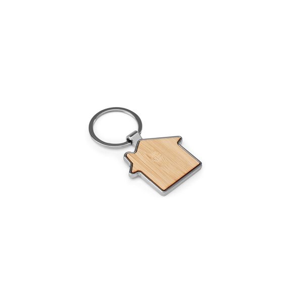 House-shaped iron keychain in zinc and bamboo - Egotier 95117