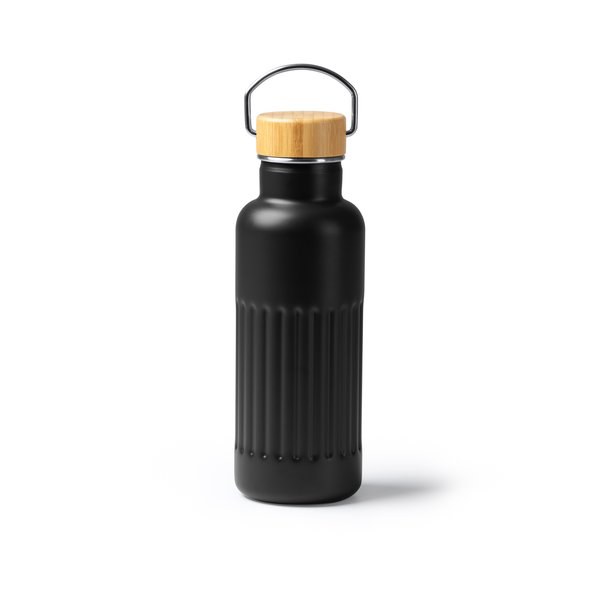 Stamina BI1793 - NOBUK Thermal bottle in recycled 304 stainless steel with double-walled bevelled design and bamboo lid