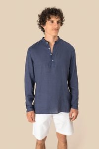 Spasso SP507 - Camisa com gola à padre com aspecto lavado em linho de homem