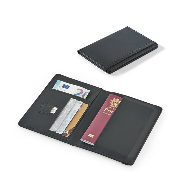 PU passport holder with an elasticated closure and multiple pockets