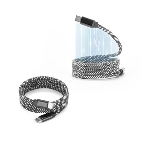 Cabo USB-C para USB-C com cordão entrelaçado (60 W) e sistema magnético que facilita o enrolamento, em poliéster